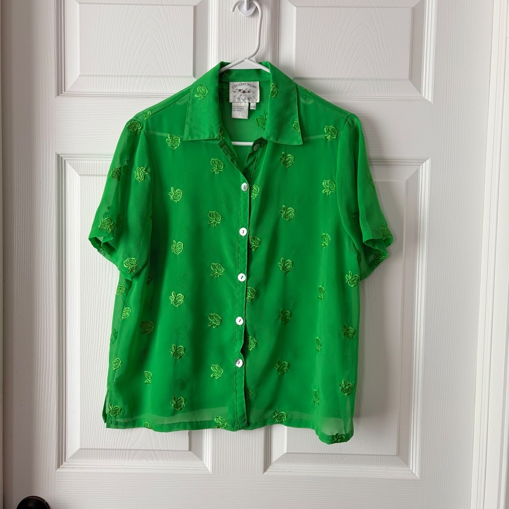 Country Wear Petite Casuals Green Embroidered Rose Sheer‎ Chiffon Blouse PM
